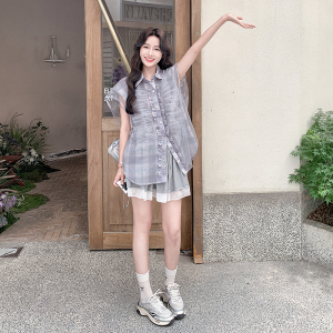 网纱拼接格子衬衫短裤套装女夏流行大方得体韩里韩气巨好看两件套图片
