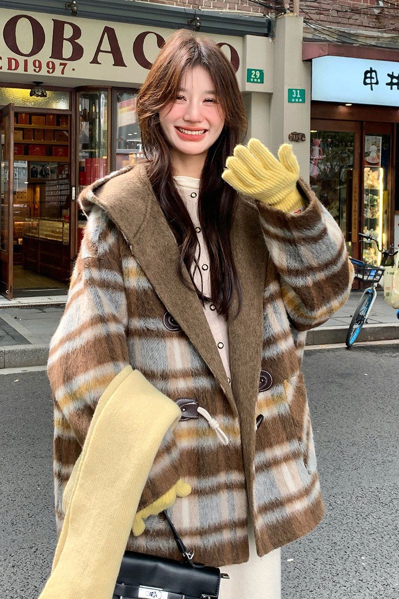 咖色格子双面羊绒大衣女2024新款冬装韩版80羊毛小个子毛呢外套潮,女装毛呢外套,浙宝099
