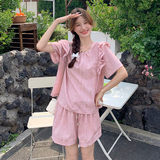 法式甜美小个子粉色天丝短袖套装女夏2025新款显瘦阔腿短裤两件套，女装套装/套裙，浙宝099