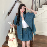 蓝色复古可盐可甜牛仔套装女小个子2025夏新款短袖衬衫短裙两件套，女装套装/套裙，浙宝099