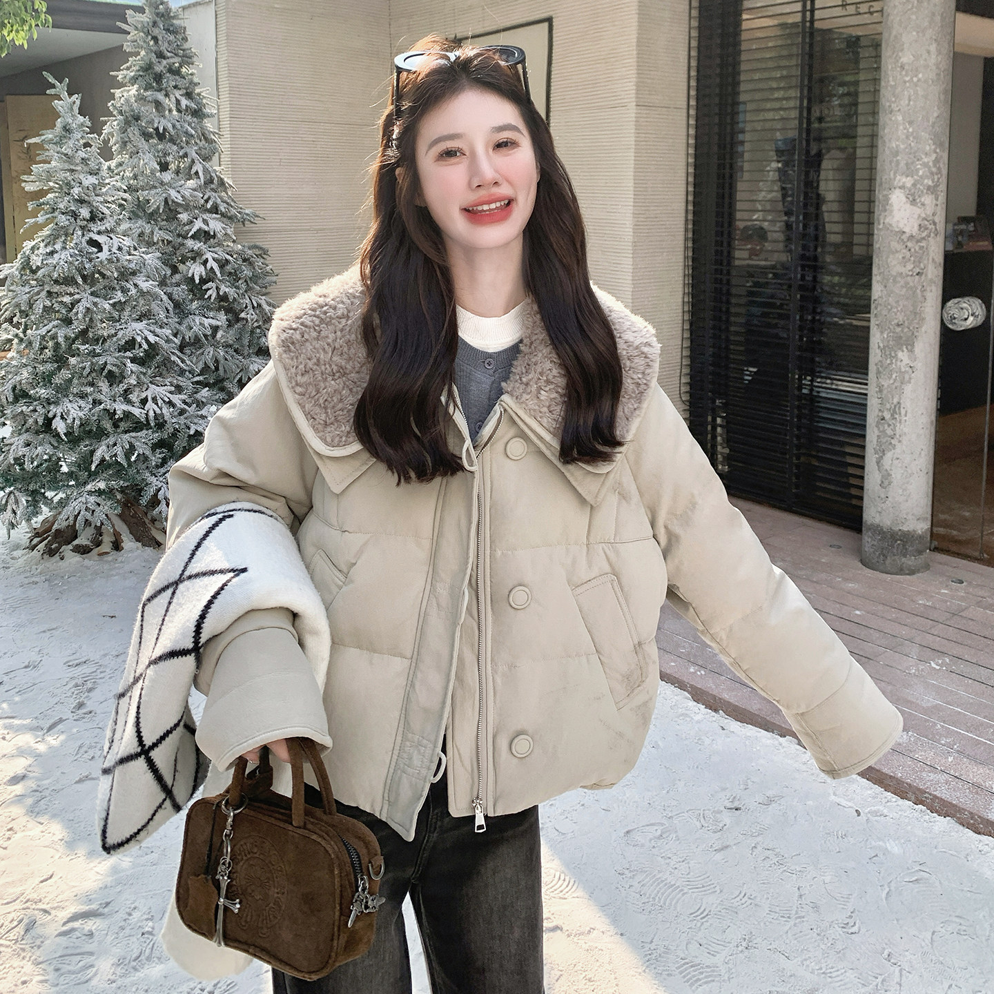 新款羊羔毛拼接50羽绒服099-10366-p265-k398，女装羽绒服，浙宝099