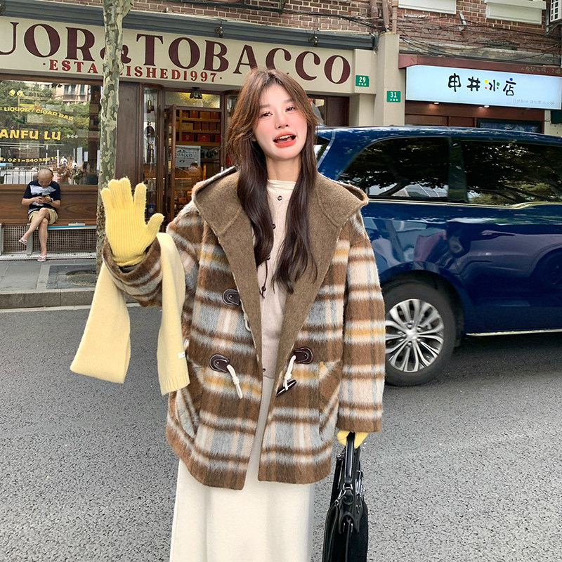 咖色格子双面羊绒大衣女2024新款冬装韩版80羊毛小个子毛呢外套潮图片