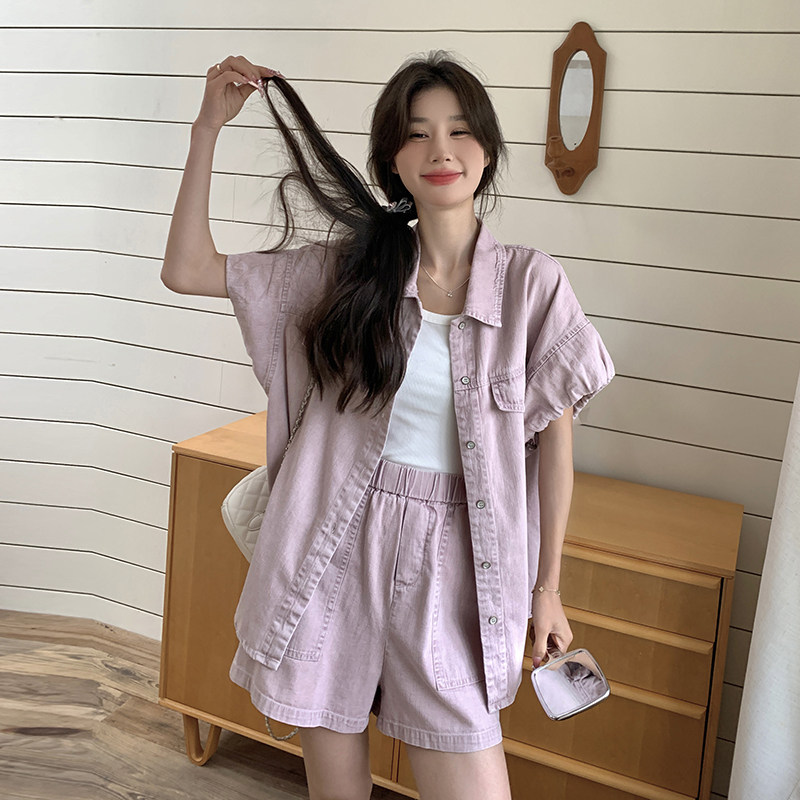 粉色高级感牛仔套装女夏季2024新款小个子短袖衬衫短裤减龄两件套,女装套装/套裙,浙宝099