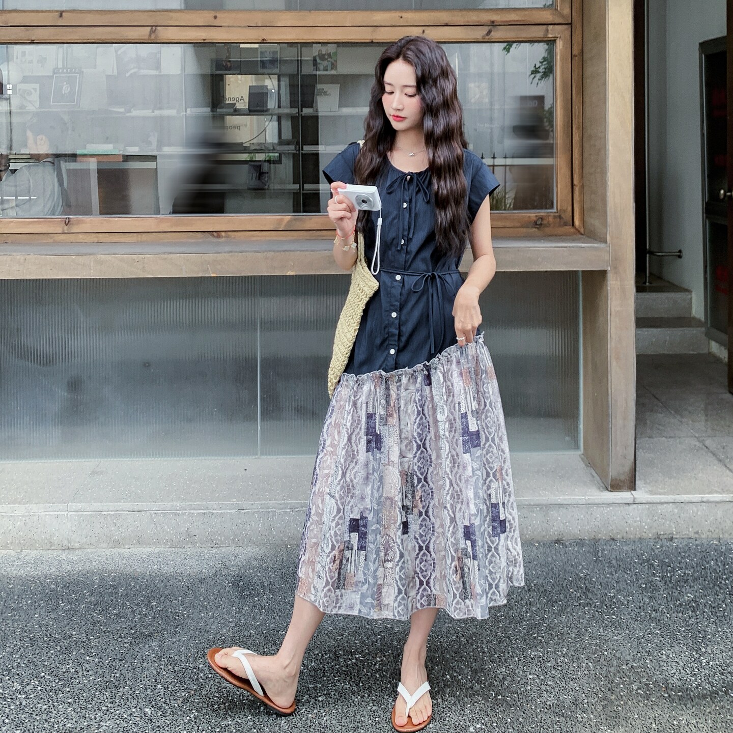设计感小众印花拼接连衣裙女2025夏季新款港风复古收腰显瘦衬衫裙,女装连衣裙,浙宝099
