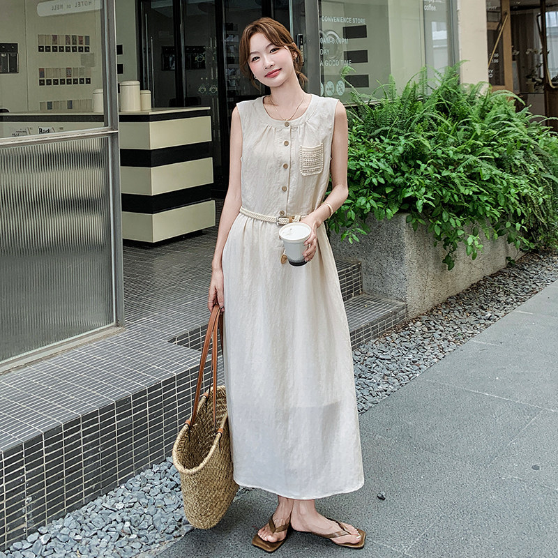 冷淡系文艺风无袖连衣裙女2025夏季新款高级感收腰显瘦背心长裙潮,女装连衣裙,浙宝099