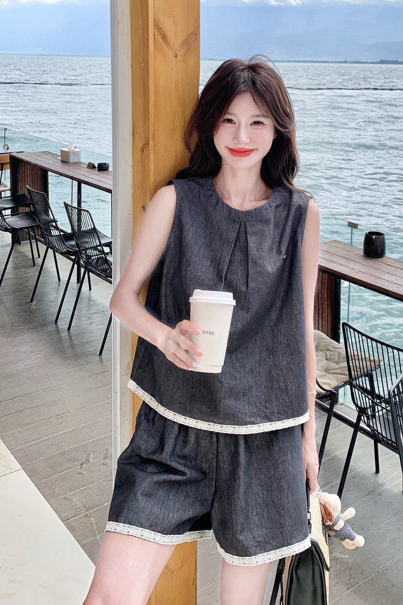 蕾丝花边灰色牛仔背心套装女2025夏季设计感可盐可甜小个子两件套,女装套装/套裙,浙宝099
