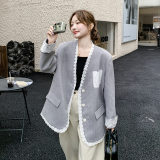 灰色蕾丝拼接西装外套女2025年春秋季新款高级感宽松流行西服上衣，女装短外套，浙宝099