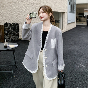 灰色蕾丝拼接西装外套女2025年春秋季新款高级感宽松流行西服上衣图片