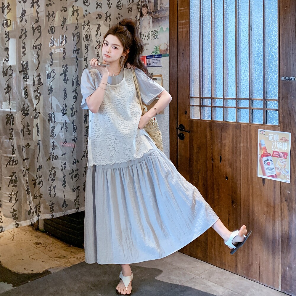 时尚圆领短袖圆领连衣裙女2025年夏季韩系镂空马甲百搭,女装连衣裙,浙宝099