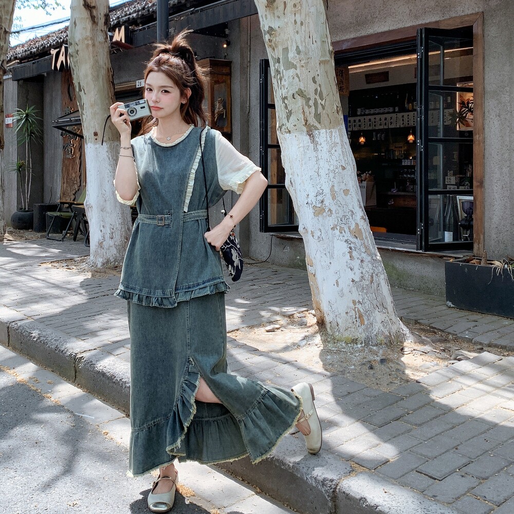 设计感时尚牛仔套装裙女2025夏季新款假两件收腰上衣半身裙两件套,女装套装/套裙,浙宝099