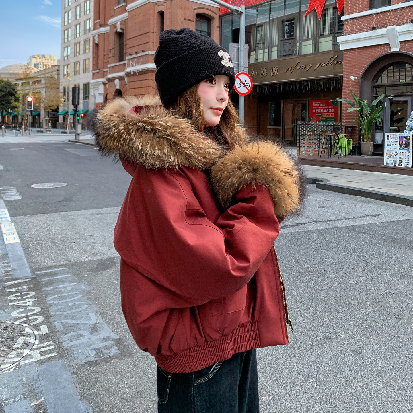 新款现货真毛领红色羽绒服099-10380-p355-k538，女装羽绒服，浙宝099