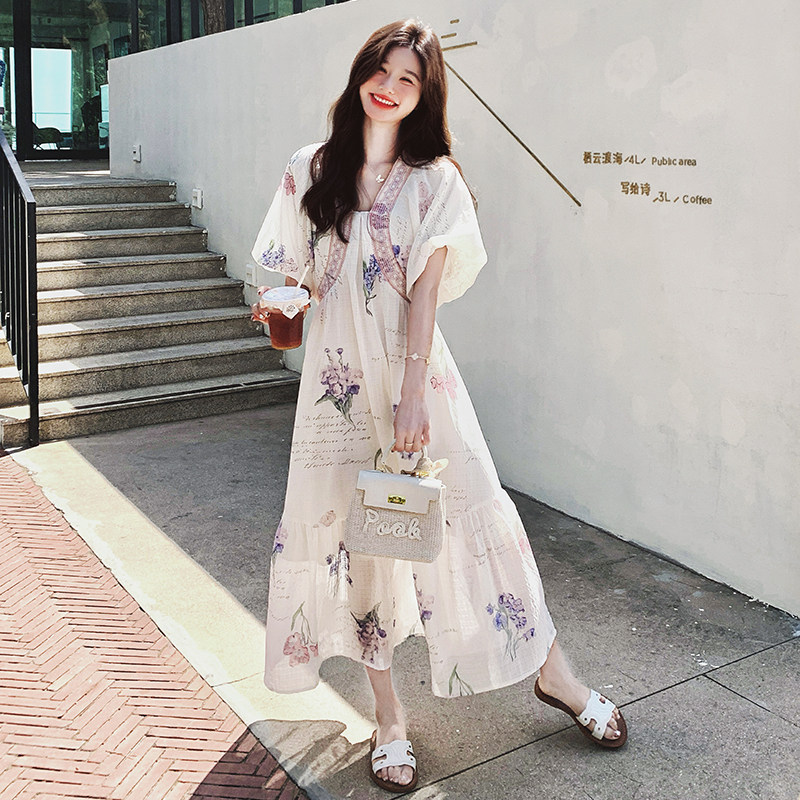 森系甜美温柔氛围感碎花桔梗茶歇长裙夏季新款泡泡袖显瘦连衣裙女,女装连衣裙,浙宝099