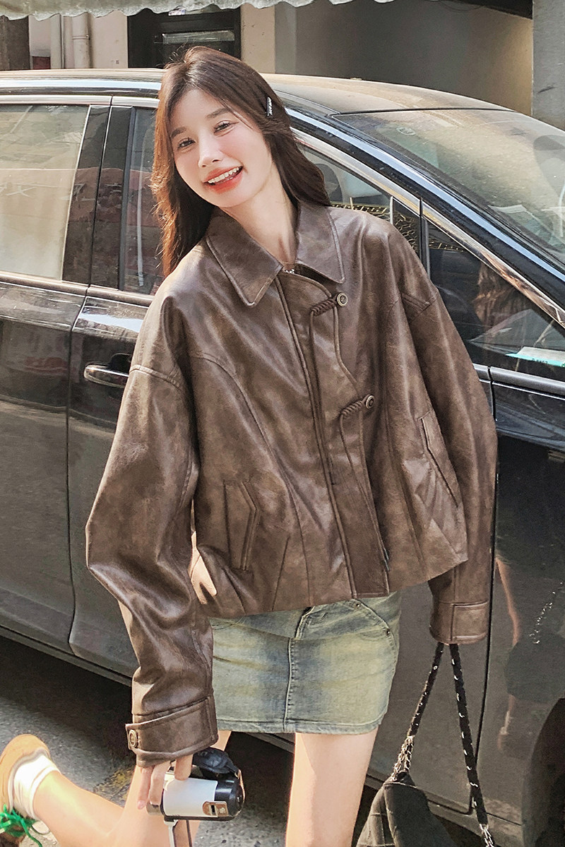 美拉德短款复古PU皮衣外套女2025春秋季新款气质显瘦休闲夹克上衣,女装短外套,浙宝099