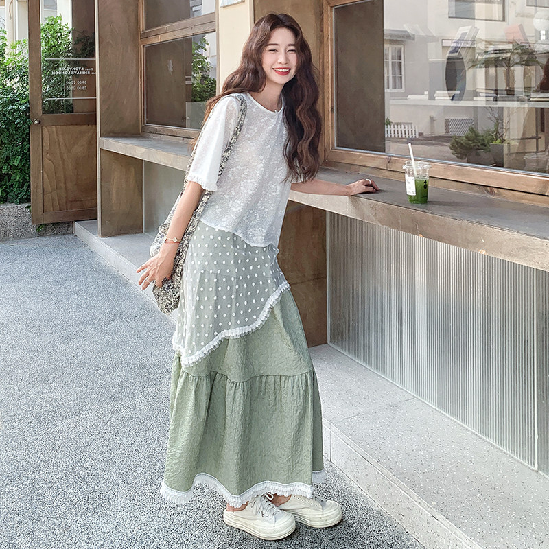 蕾丝拼接斜边上衣半身裙女夏季超火独特绝美巨好看ootd,女装连衣裙,浙宝099