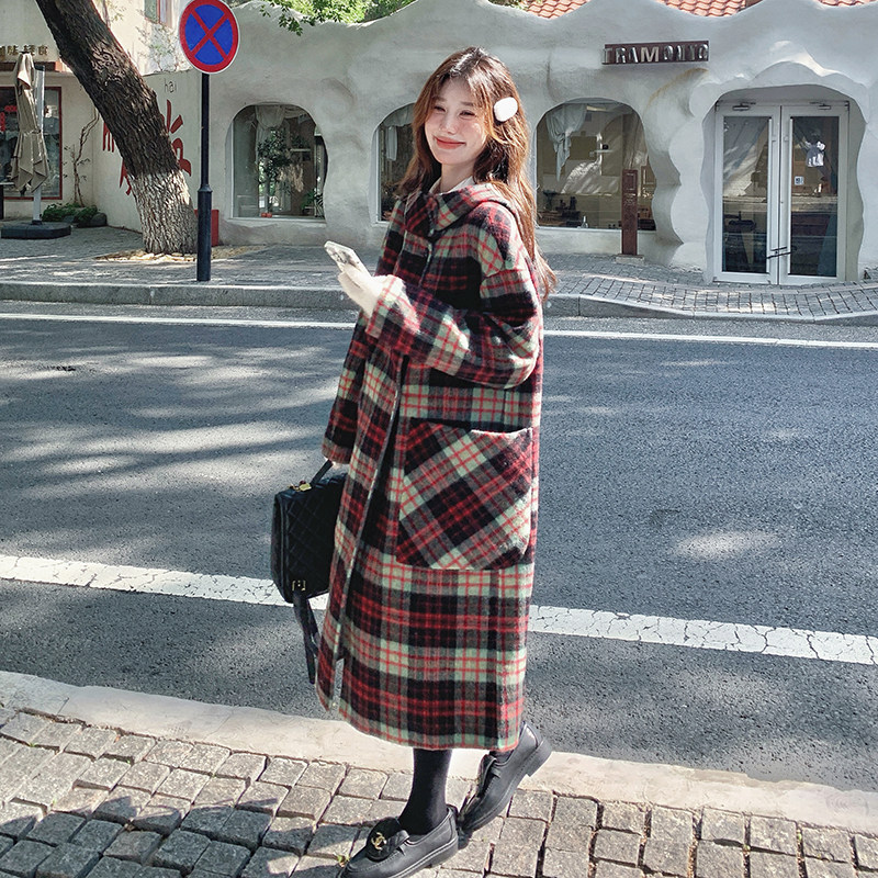 高级感红色格子羊绒大衣女2024冬中长款连帽韩版双面毛呢斗篷外套,女装毛呢外套,浙宝099