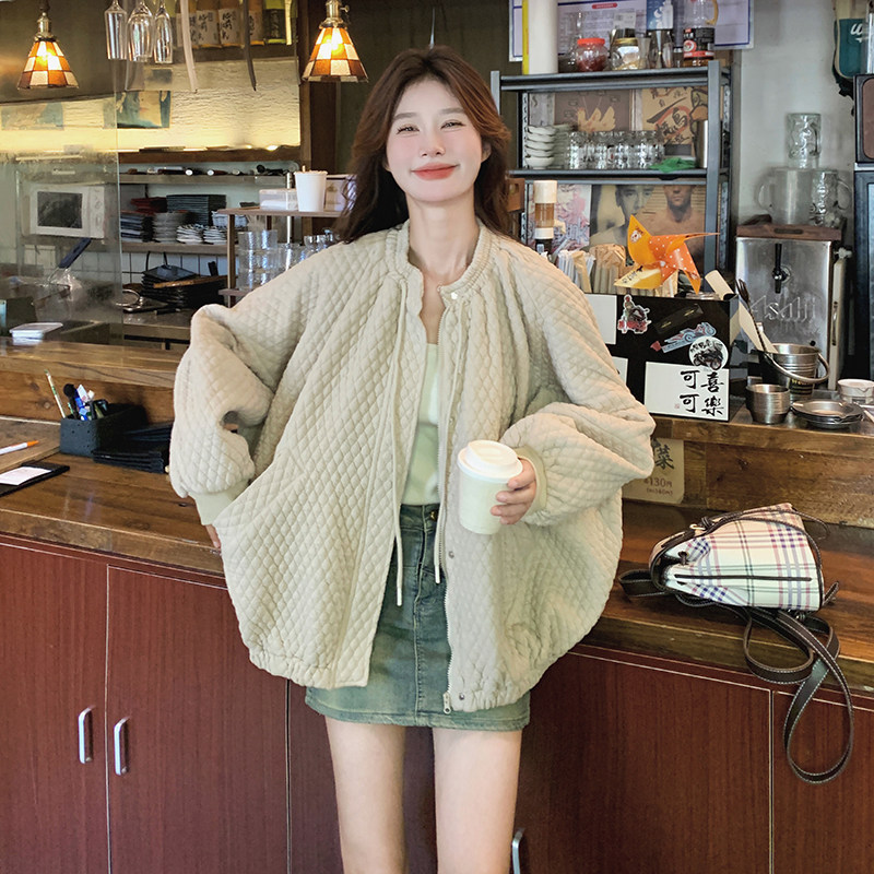 杏色华夫格休闲短外套女春秋2025新款简约大方今年流行的宽松上衣,女装棉衣/棉服,浙宝099