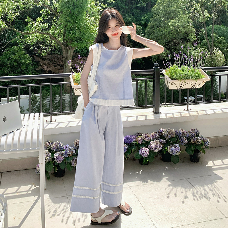 森系小清新休闲套装女2025夏新款宽松小个子无袖背心阔腿裤两件套,女装套装/套裙,浙宝099