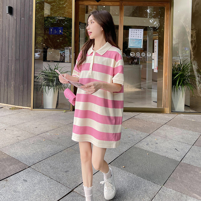 学院风粉色条纹polo连衣裙女夏2025年新款初恋清纯宽松短款T恤裙,女装连衣裙,浙宝099