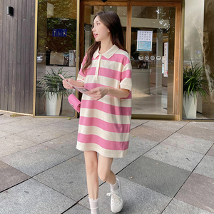 学院风粉色条纹polo连衣裙女夏2025年新款初恋清纯宽松短款T恤裙图片