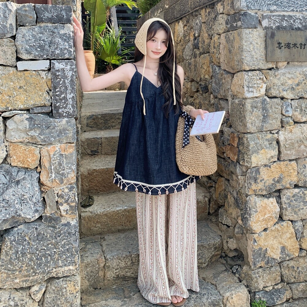 复古V领流苏牛仔背心连衣裙女2025夏新款碎花阔腿休闲裤时尚套装,女装套装/套裙,浙宝099
