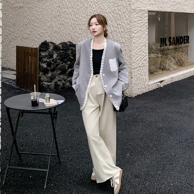 灰色蕾丝拼接西装外套女2025年春秋季新款高级感宽松流行西服上衣,女装短外套,浙宝099