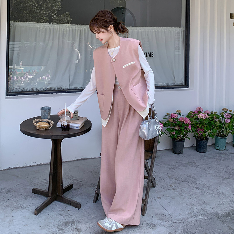 高级感粉色休闲西装马甲阔腿裤女2025春季新款韩版宽松,女装连衣裙,浙宝099