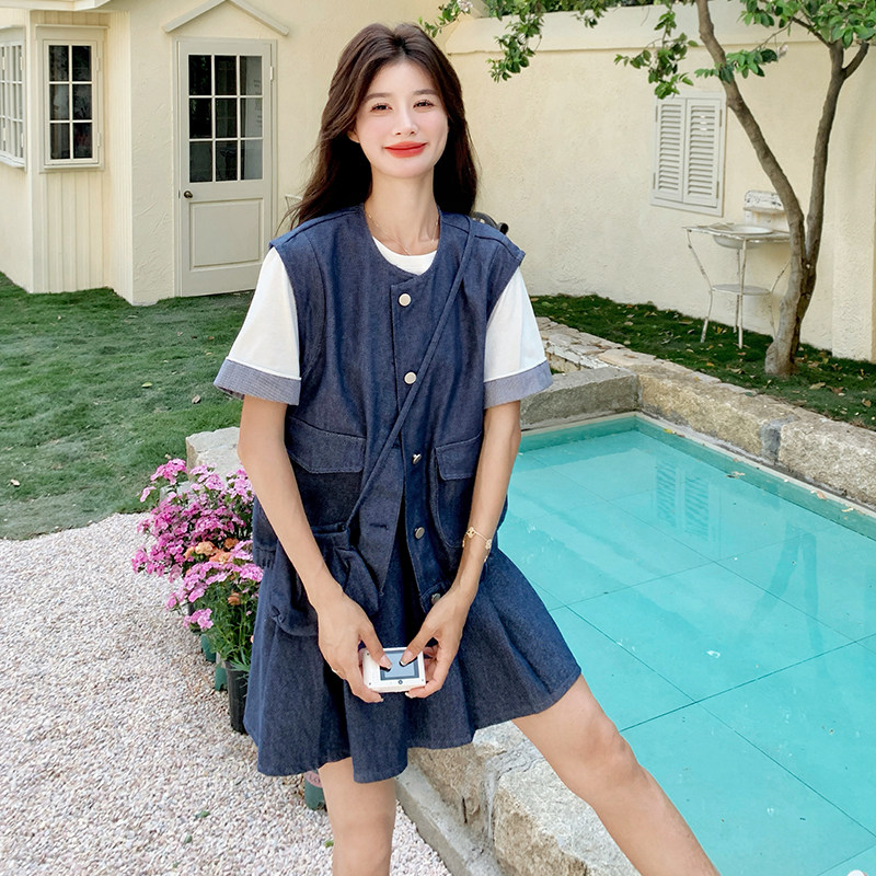 学院风小个子休闲三件套女2025夏季新款甜酷风牛仔马甲T恤半身裙,女装套装/套裙,浙宝099