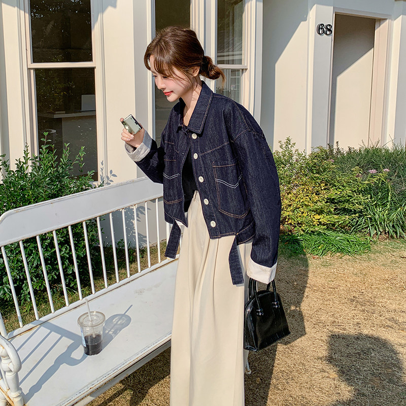 深蓝色短款牛仔外套女2025春季新款日系复古宽松小个子夹克上衣潮,女装牛仔外套,浙宝099