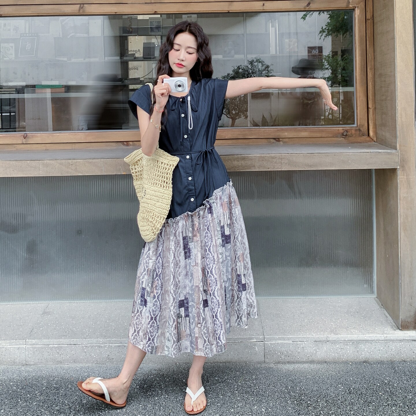 设计感小众印花拼接连衣裙女2025夏季新款港风复古收腰显瘦衬衫裙,女装连衣裙,浙宝099