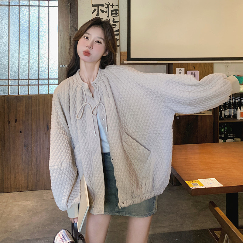 杏色华夫格休闲短外套女春秋2025新款简约大方今年流行的宽松上衣,女装棉衣/棉服,浙宝099