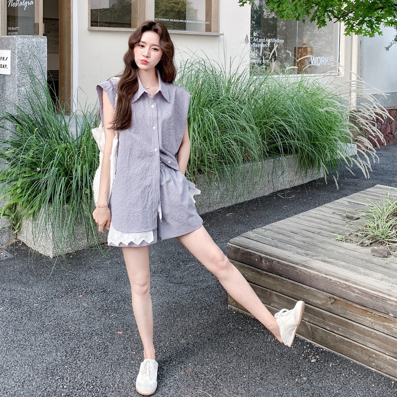 设计感格纹衬衫阔腿短裤套装女2025夏季新款慵懒风减龄气质两件套,女装套装/套裙,浙宝099