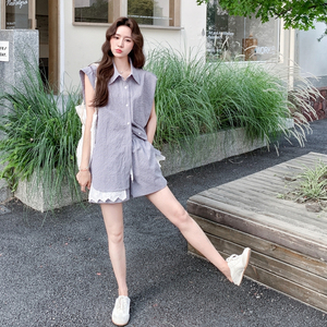 设计感格纹衬衫阔腿短裤套装女2025夏季新款慵懒风减龄气质两件套图片