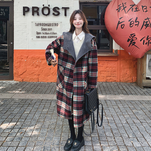 高级感红色格子羊绒大衣女2024冬中长款连帽韩版双面毛呢斗篷外套图片
