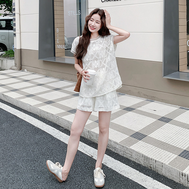 小香风蕾丝T恤短裤套装女夏2025新款流行两件套超火氛围感爆款,女装套装/套裙,浙宝099