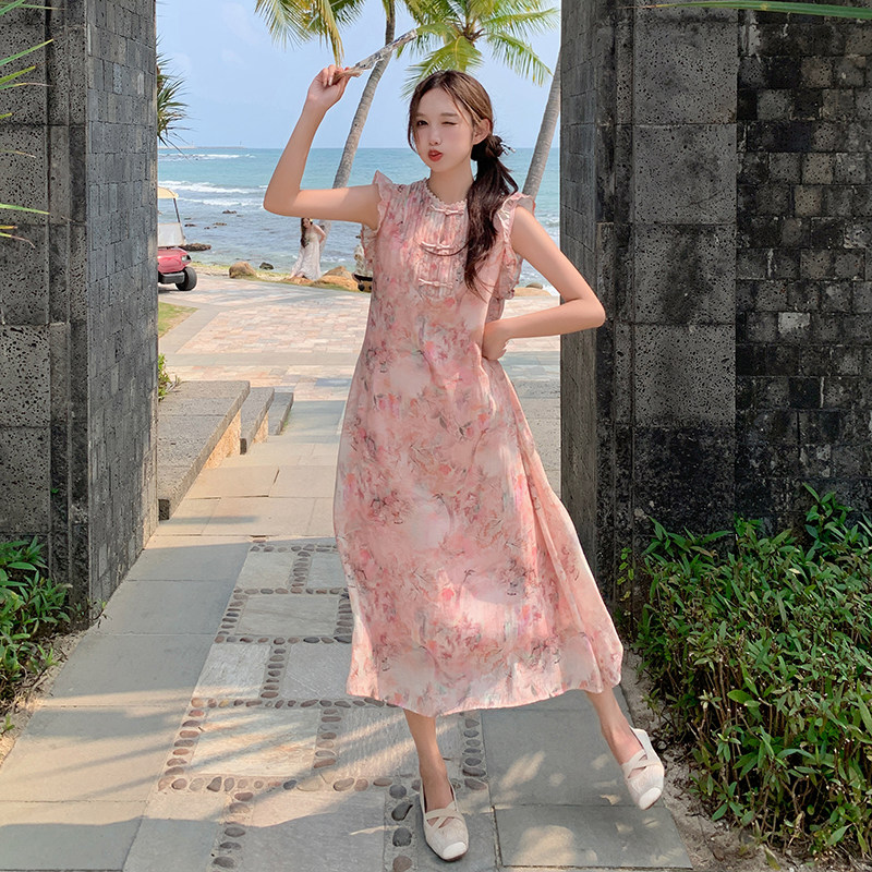 新中式国风碎花飞飞袖连衣裙女2025夏季新款法式收腰显瘦气质长裙,女装连衣裙,浙宝099
