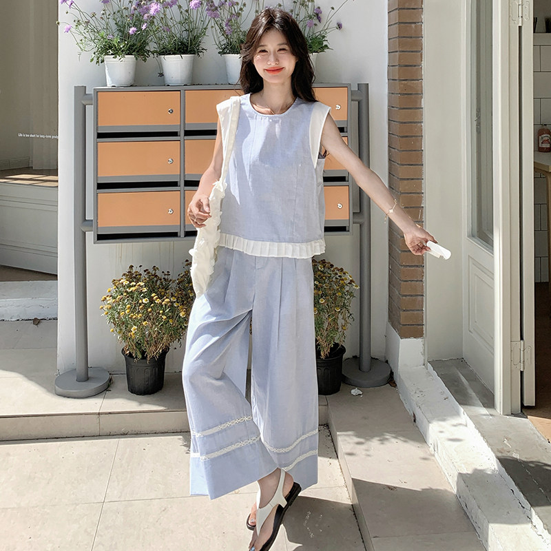 森系小清新休闲套装女2025夏新款宽松小个子无袖背心阔腿裤两件套图片