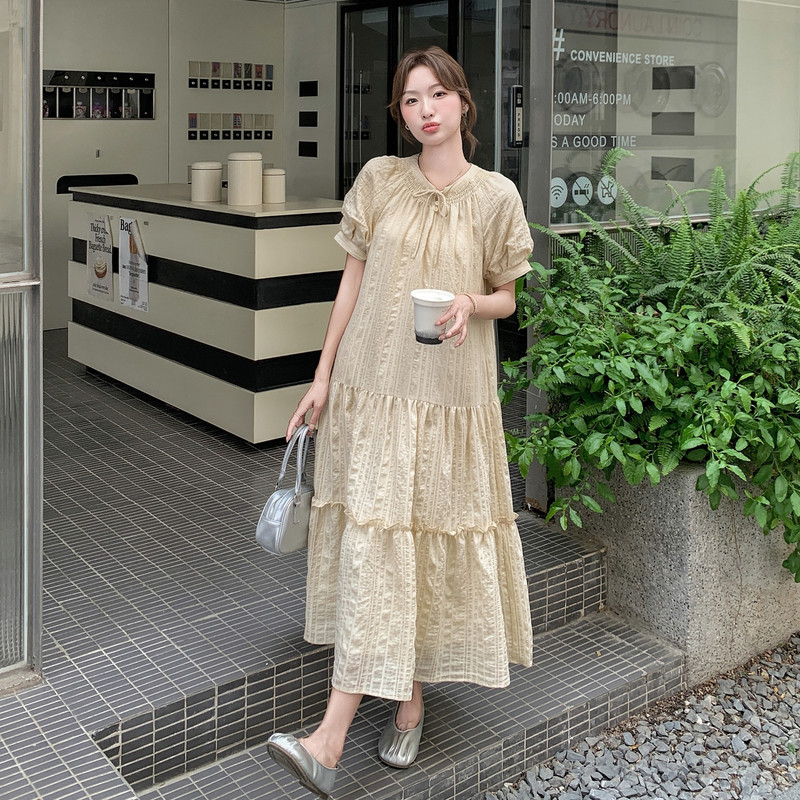 黄色韩版宽松大摆型长裙夏季新款荷叶边气质显瘦连衣裙女海边度假，女装连衣裙，浙宝099