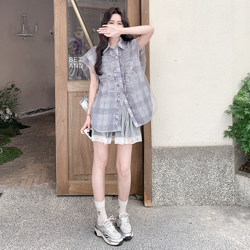 网纱拼接格子衬衫短裤套装女夏流行大方得体韩里韩气巨好看两件套,女装套装/套裙,浙宝099