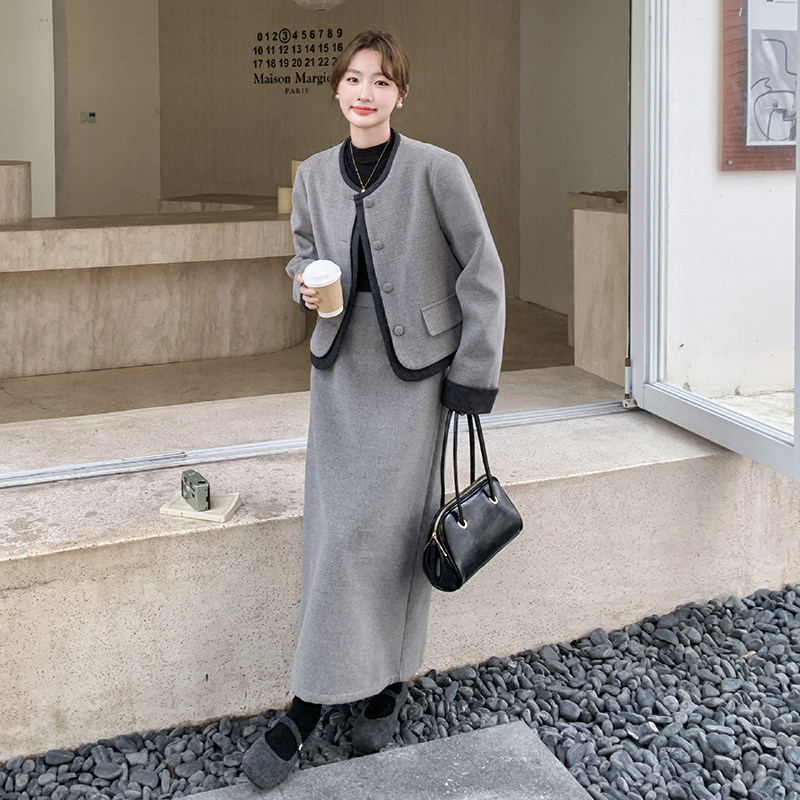 灰色小香风毛呢裙女秋冬2024新款加厚高级感显瘦半身裙,女装毛呢外套,浙宝099