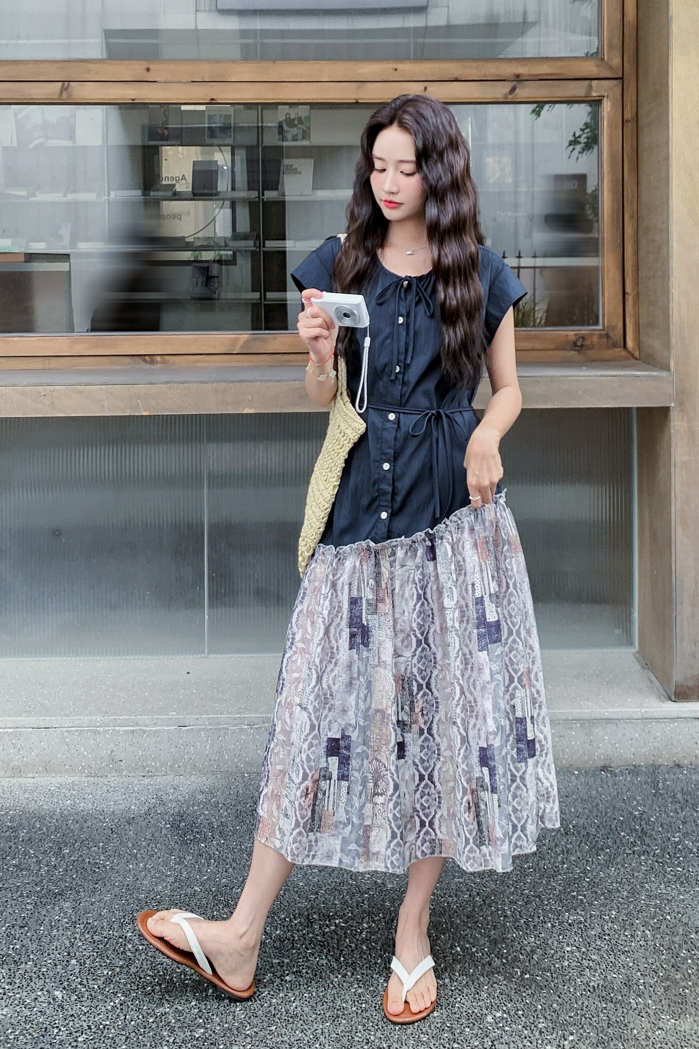 设计感小众印花拼接连衣裙女2025夏季新款港风复古收腰显瘦衬衫裙,女装连衣裙,浙宝099