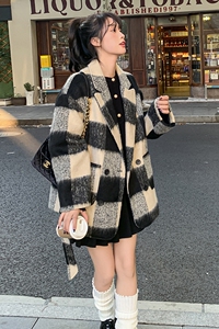 黑白格子加厚短款毛呢外套女2023冬季新款设计感时尚气质呢子大衣图片