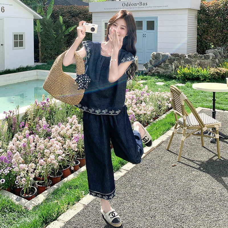 轻熟风韩系小飞袖牛仔套装女夏新款轻薄显瘦小个子阔腿裤两件套,女装套装/套裙,浙宝099