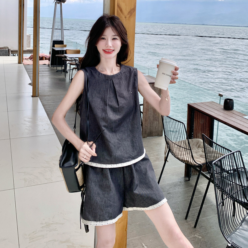 蕾丝花边灰色牛仔背心套装女2025夏季设计感可盐可甜小个子两件套,女装套装/套裙,浙宝099