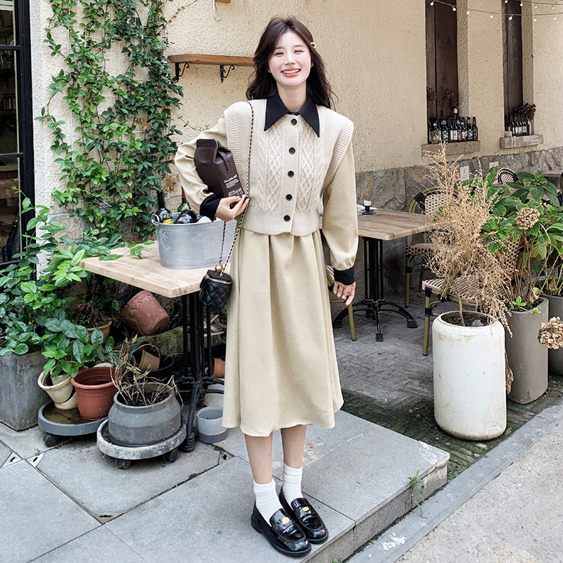 咖啡色流行连衣裙套装女秋2024新款美拉德设计感马甲衬衫裙两件套,女装连衣裙,浙宝099
