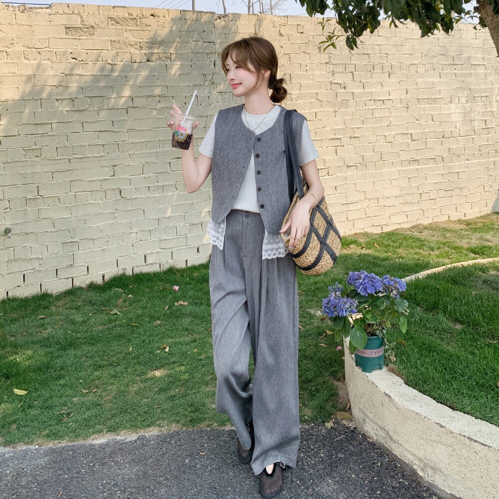 灰色马甲小西装套装女蕾丝拼接阔腿裤长裤两件套高级感气质夏新款,女装套装/套裙,浙宝099