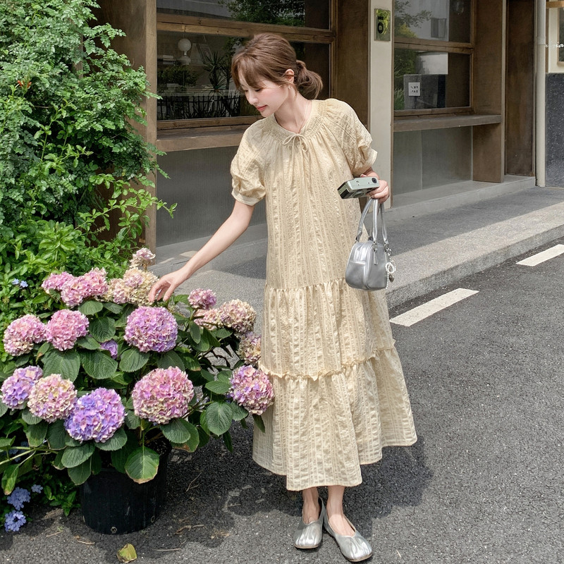 黄色韩版宽松大摆型长裙夏季新款荷叶边气质显瘦连衣裙女海边度假,女装连衣裙,浙宝099