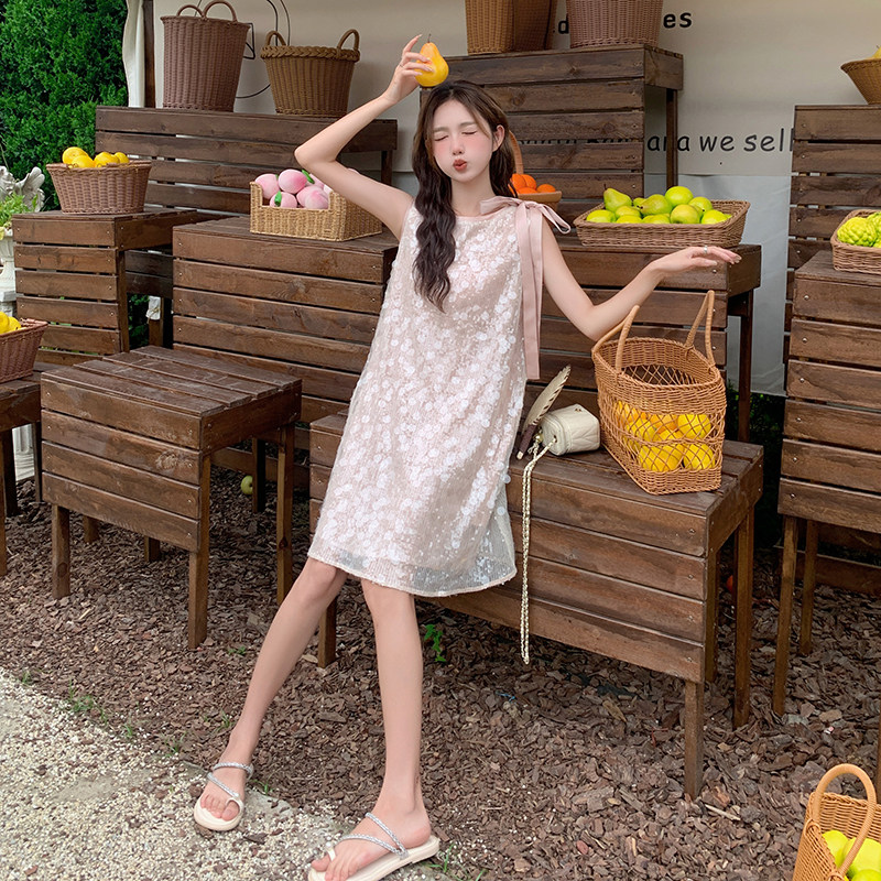 粉色亮片无袖高级感连衣裙女夏季新款纯欲风甜美绑带中长款吊带裙,女装连衣裙,浙宝099