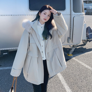 工装派克棉服女冬季中长款小个子2025新款收腰设计感加绒加厚棉衣图片
