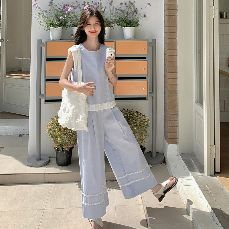 森系小清新休闲套装女2025夏新款宽松小个子无袖背心阔腿裤两件套,女装套装/套裙,浙宝099