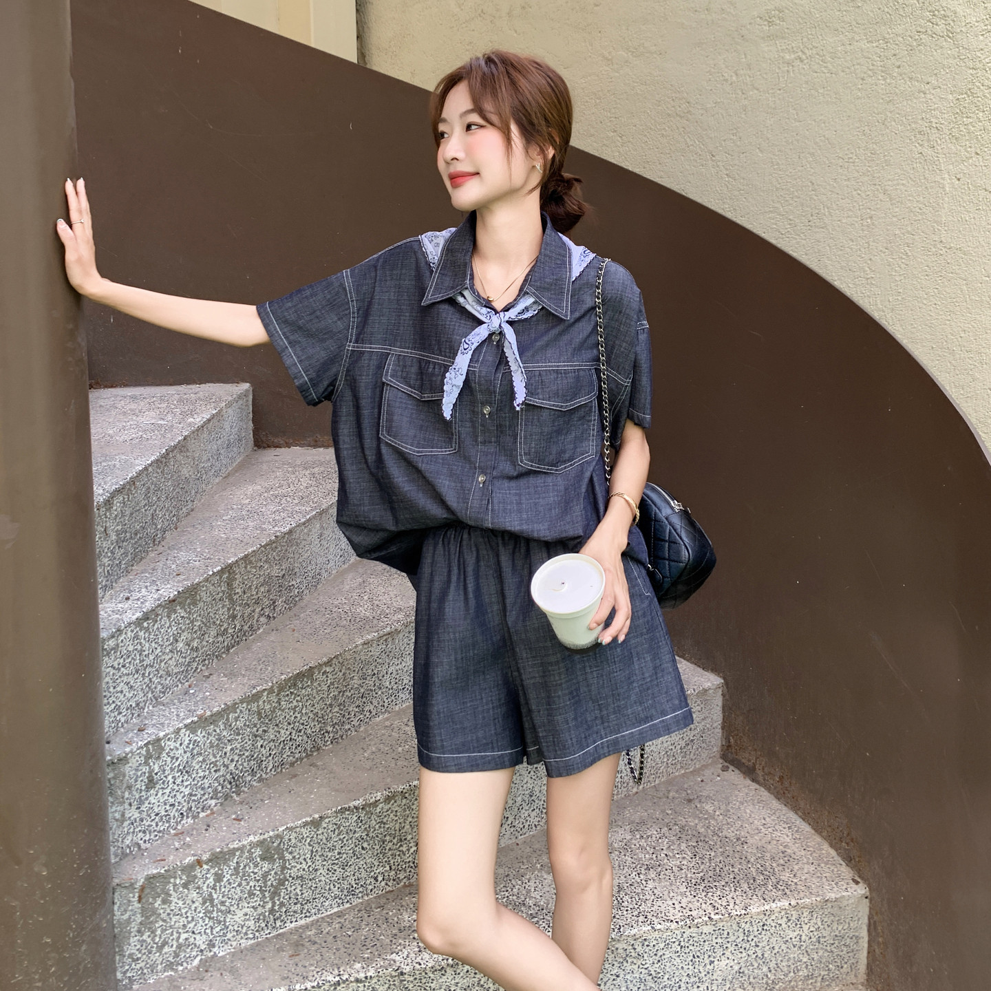 盐甜系穿搭薄款牛仔衬衫套装女夏季新款复古减龄小个子短裤两件套,女装套装/套裙,浙宝099